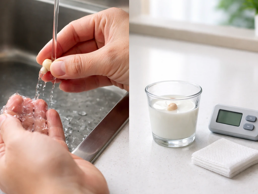 A knocked-out tooth gently rinsed and placed into a small cup of milk or saline, with a nearby timer.