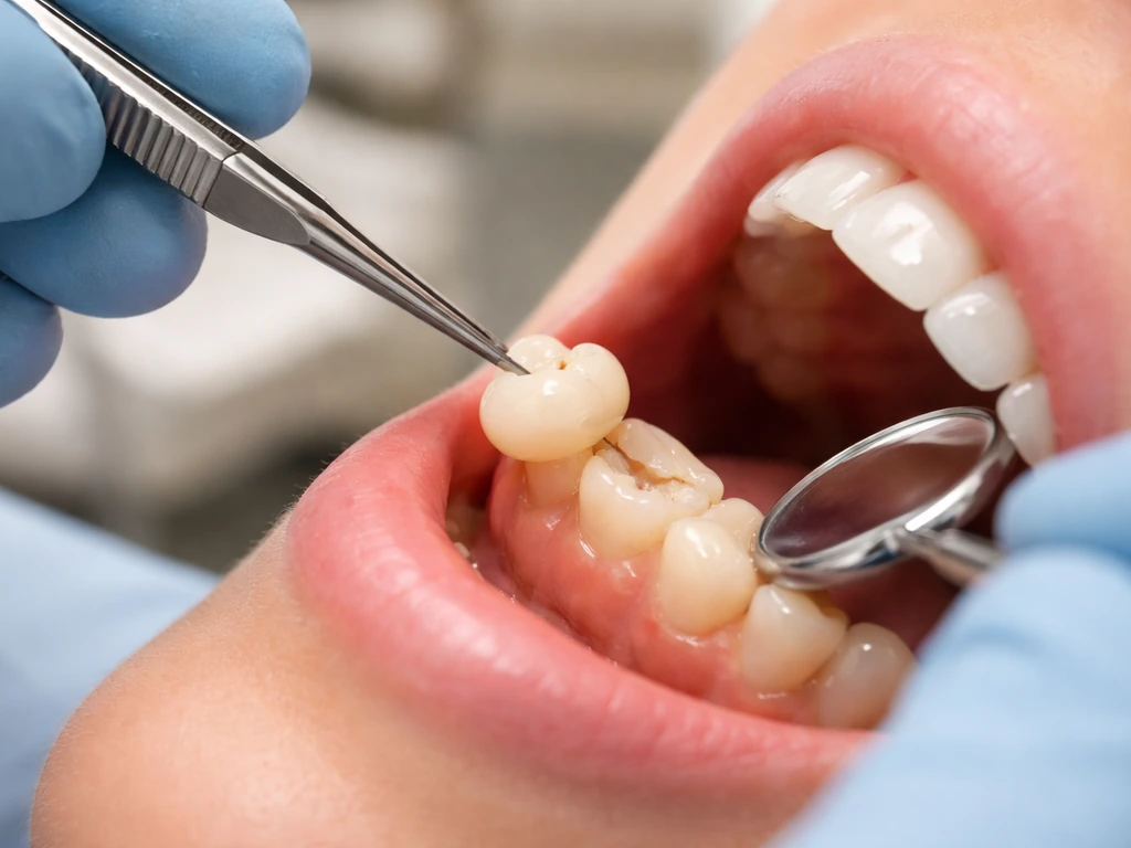 Dentist fitting a crown onto a cracked molar in a clean dental clinic, close-up on tooth area.