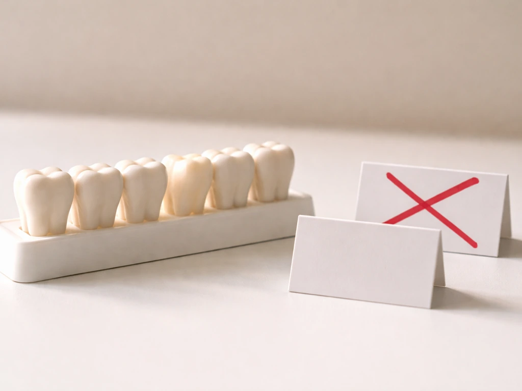 Close-up of dental tooth models with a blank crossed-out product label suggesting enamel can’t regrow.