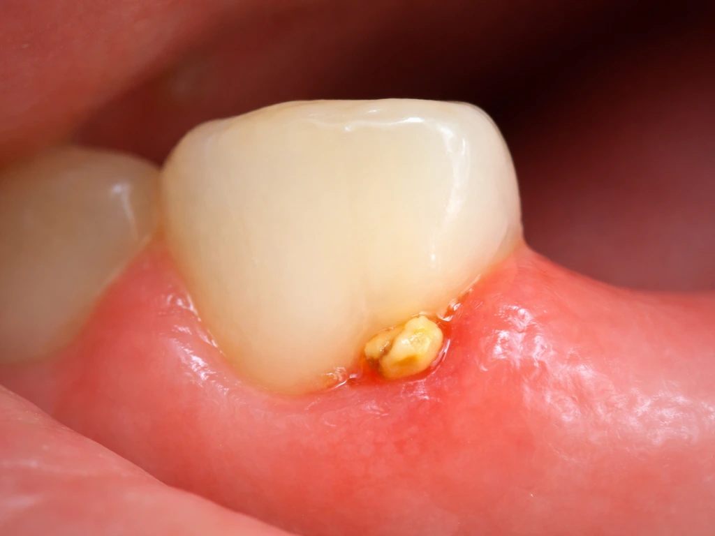 Closeup of a tooth at the gumline with a small food particle and mildly irritated gums.