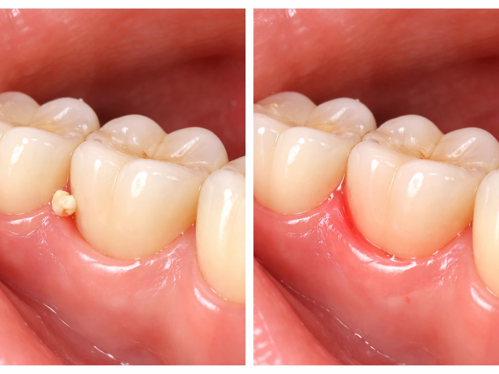 Split dental closeup showing food packing between teeth vs irritated gumline without retained food.