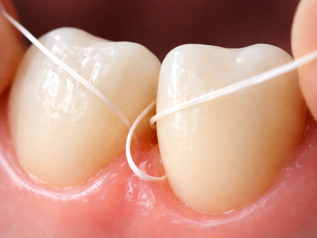 Closeup of floss sliding gently between teeth near the gumline using a C-shaped motion.