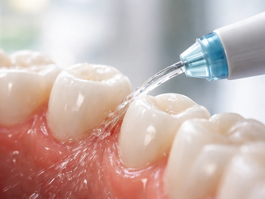 Closeup of a water flosser tip directing a gentle stream at the gumline to flush debris