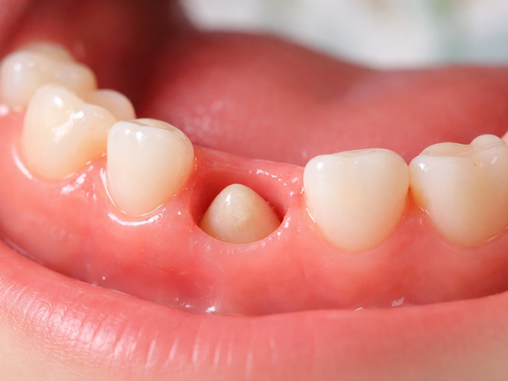 Clinic macro view of a child’s gumline with a missing milk tooth space and a permanent tooth erupting.