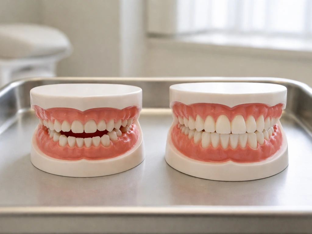 Close-up of a child and adult mouth model showing milk teeth versus permanent teeth eruption stages