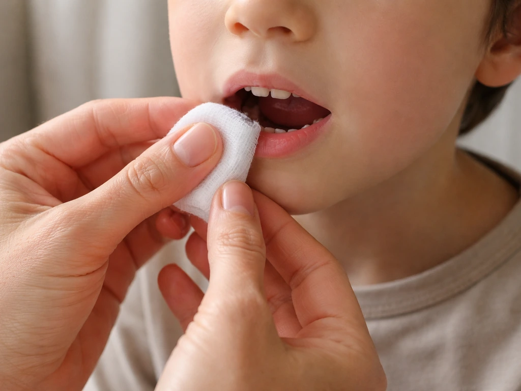 Parent gently holding clean gauze near a child’s open mouth gap after a baby tooth fell out