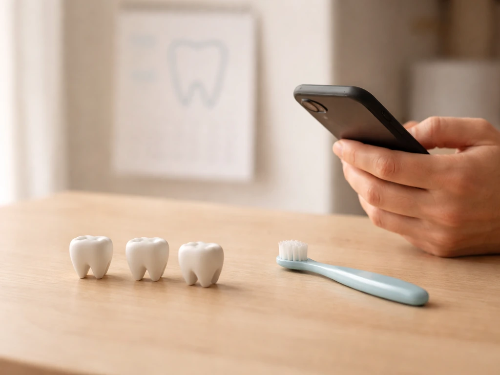 Anonymous parent hand with phone on a table beside a toothbrush and small tooth-themed items.