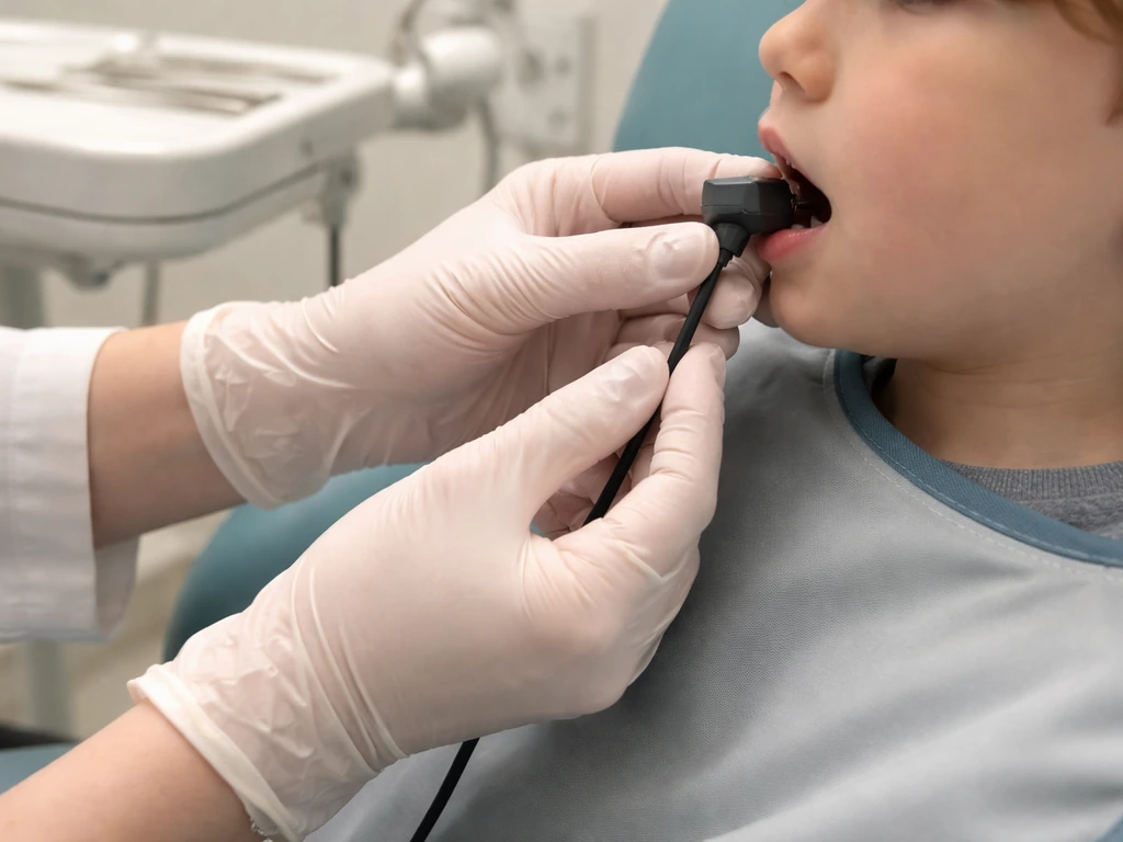 Dentist’s gloved hands positioning a dental X-ray sensor during a child’s exam in a clean clinic.