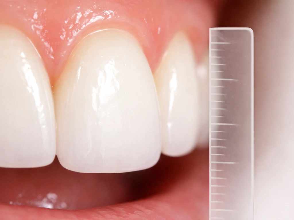 Bright close-up of front teeth with a soft ruler-like length reference and careful dental care vibe.