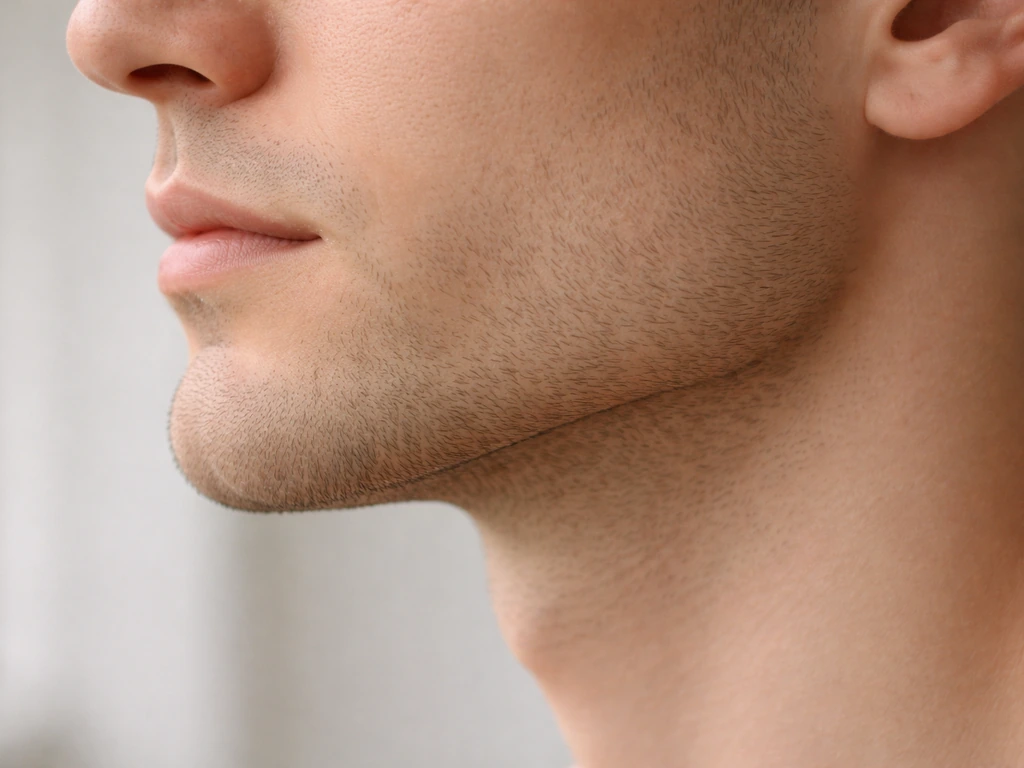 Close-up side view of a generic jawline and chin in soft natural light.