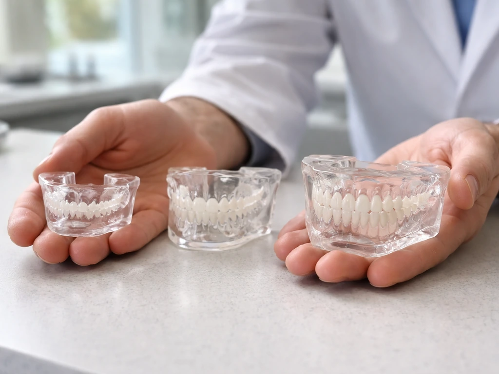 Orthodontic clinic countertop with three translucent jaw models in three size stages, held by an anonymous clinician.