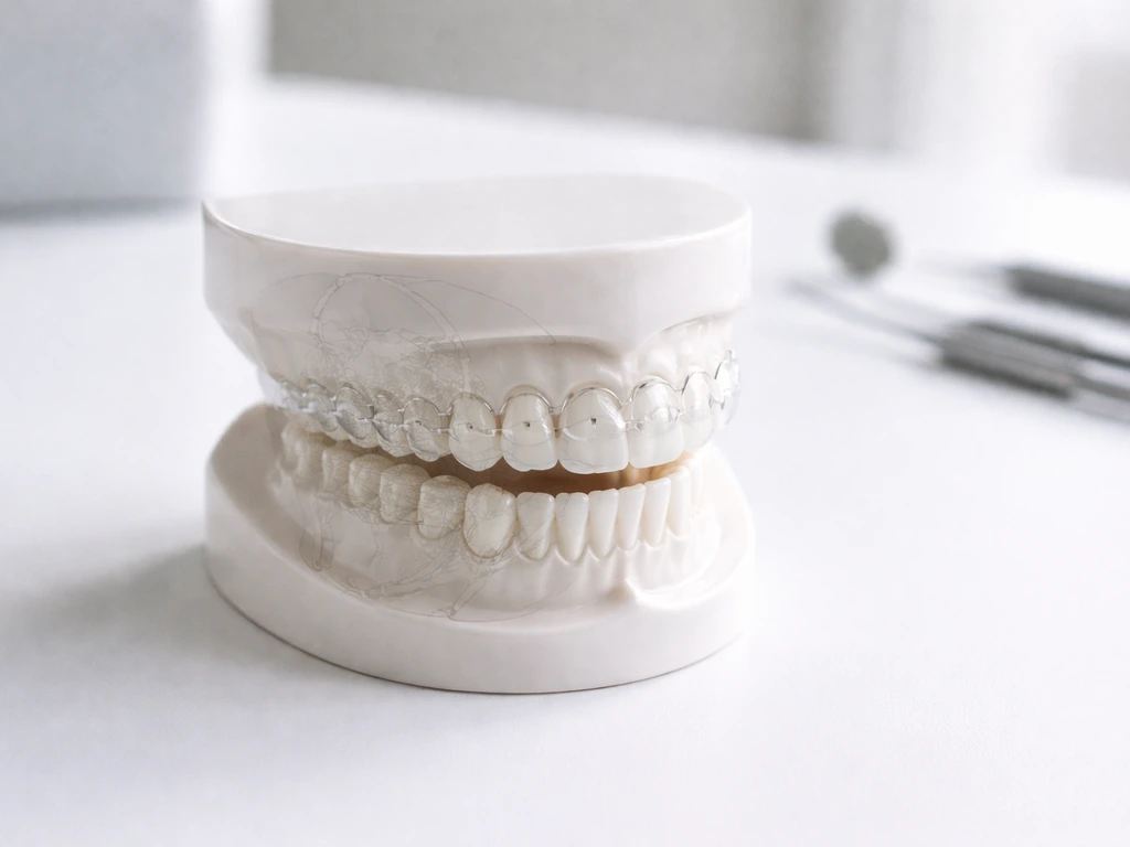 Close-up of an orthodontic jaw model with clear aligners and a subtle skeletal growth reference overlay.