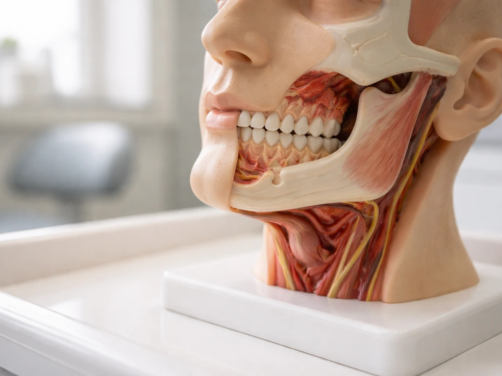 Close-up of a realistic dental jaw and face model on a clean clinic tray, early-20s growth concept.