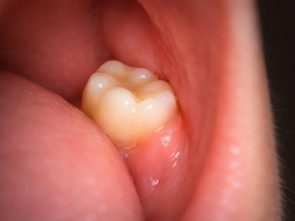 Close-up of a partially erupted lower wisdom tooth near the inner cheek with mild cheek-side contact.