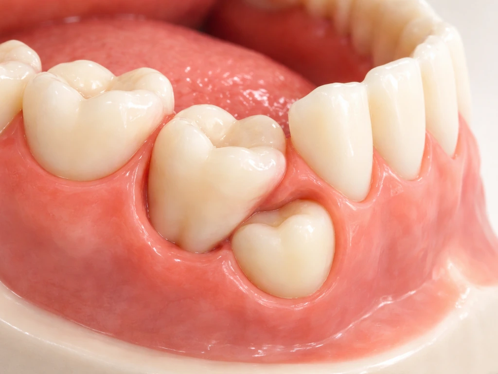 Close-up of a simplified human lower back teeth view showing partial eruption, buccal impaction, and gum flap contact.