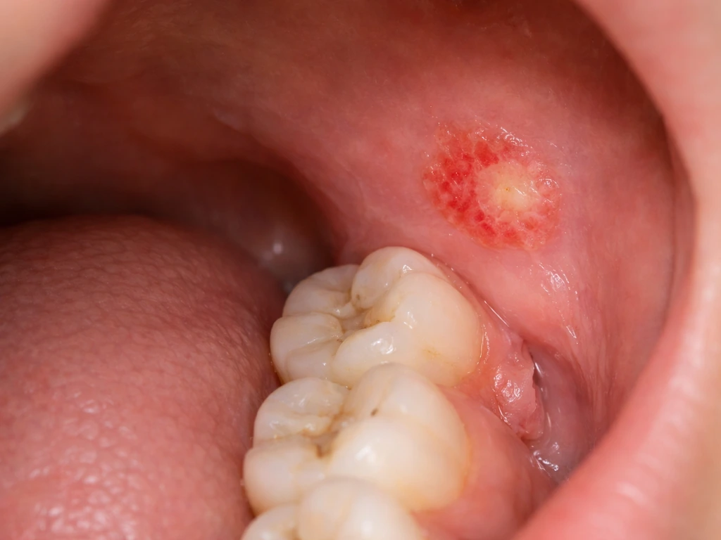 Close-up of inner cheek irritation near back molars with mild swelling and a small gum flap