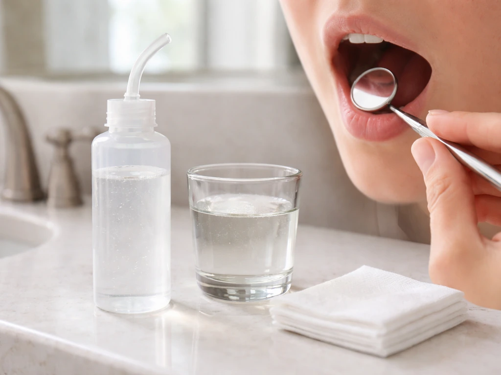 Bathroom countertop with warm salt water, syringe irrigator, and dental mirror for gentle home rinsing.