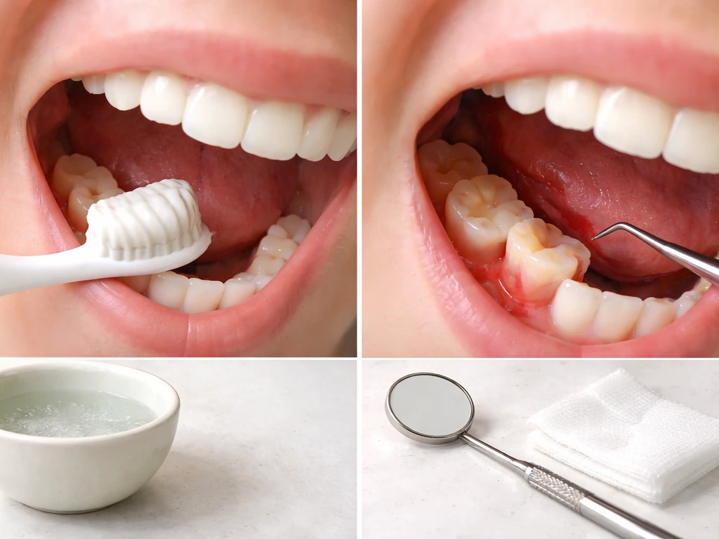 Split image of gentle tooth brushing and warm salt water vs inflamed gum around a wisdom tooth.