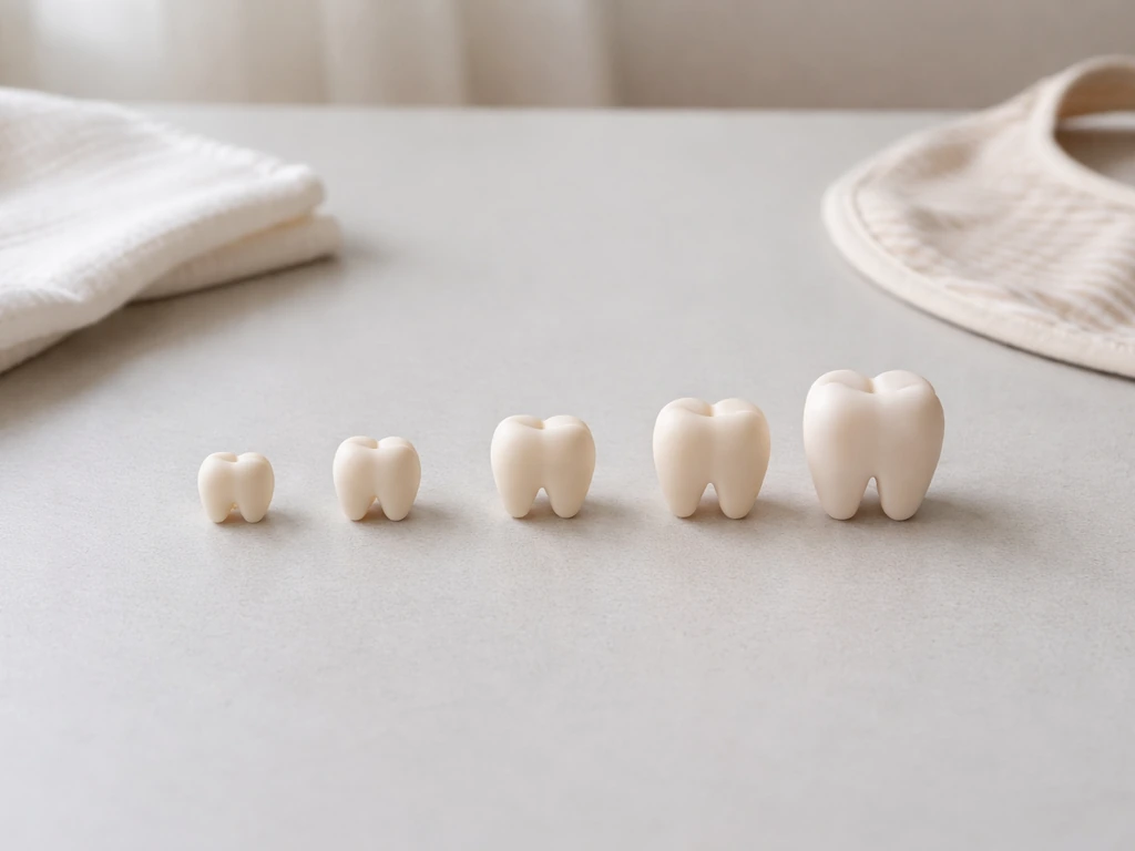 Minimal tabletop scene with baby-tooth markers arranged to suggest primary tooth eruption order.