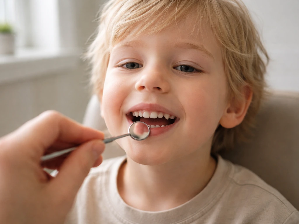 Child showing early mixed dentition in a bathroom, with lower incisors and first molars emerging.