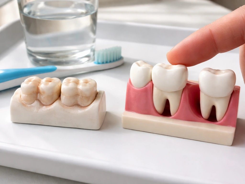 Minimal dental close-up on a tray showing enamel staining, mild gum recession model, and a missing tooth space.