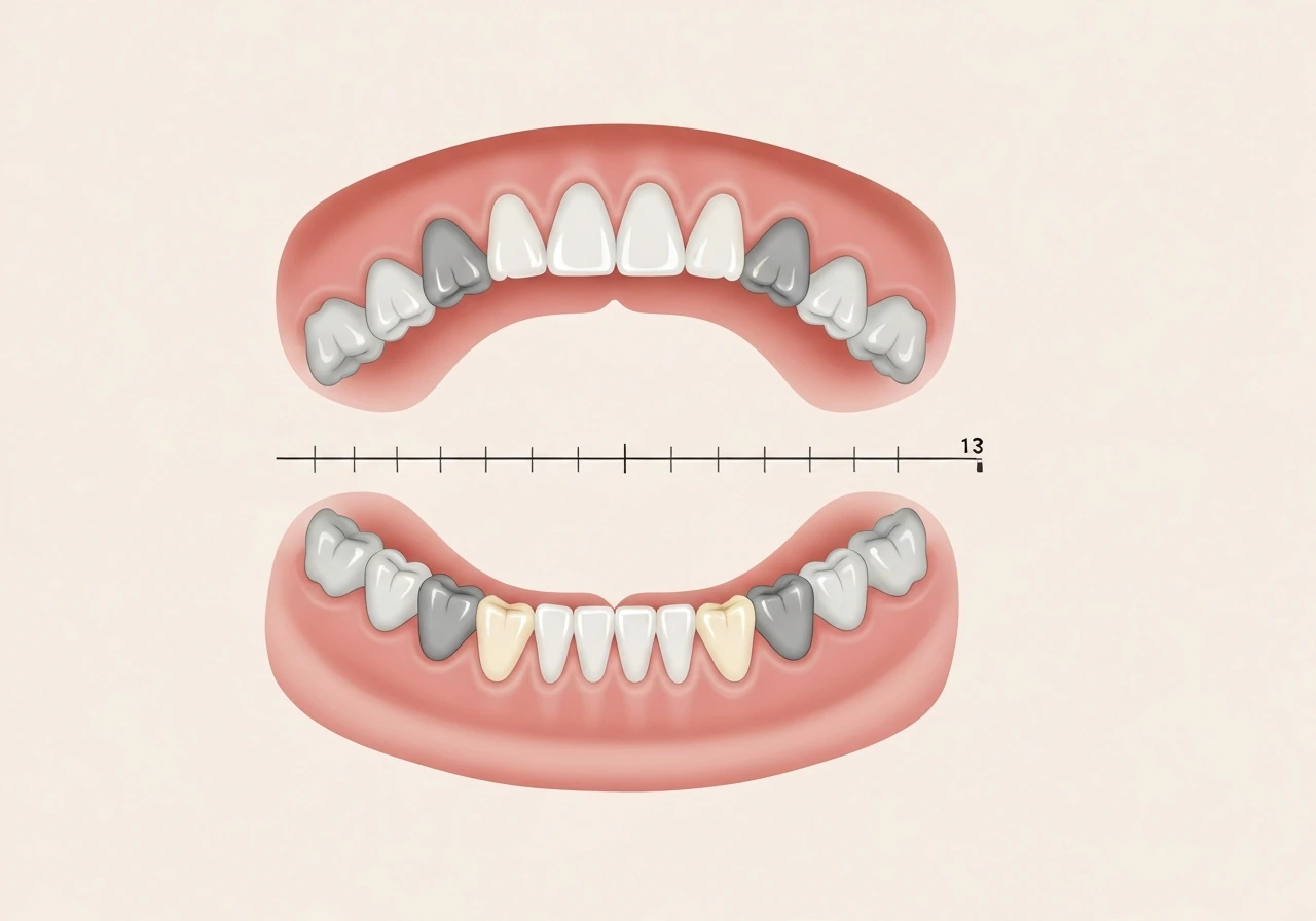 Dental illustration showing highlighted permanent teeth expected to erupt around age 13.