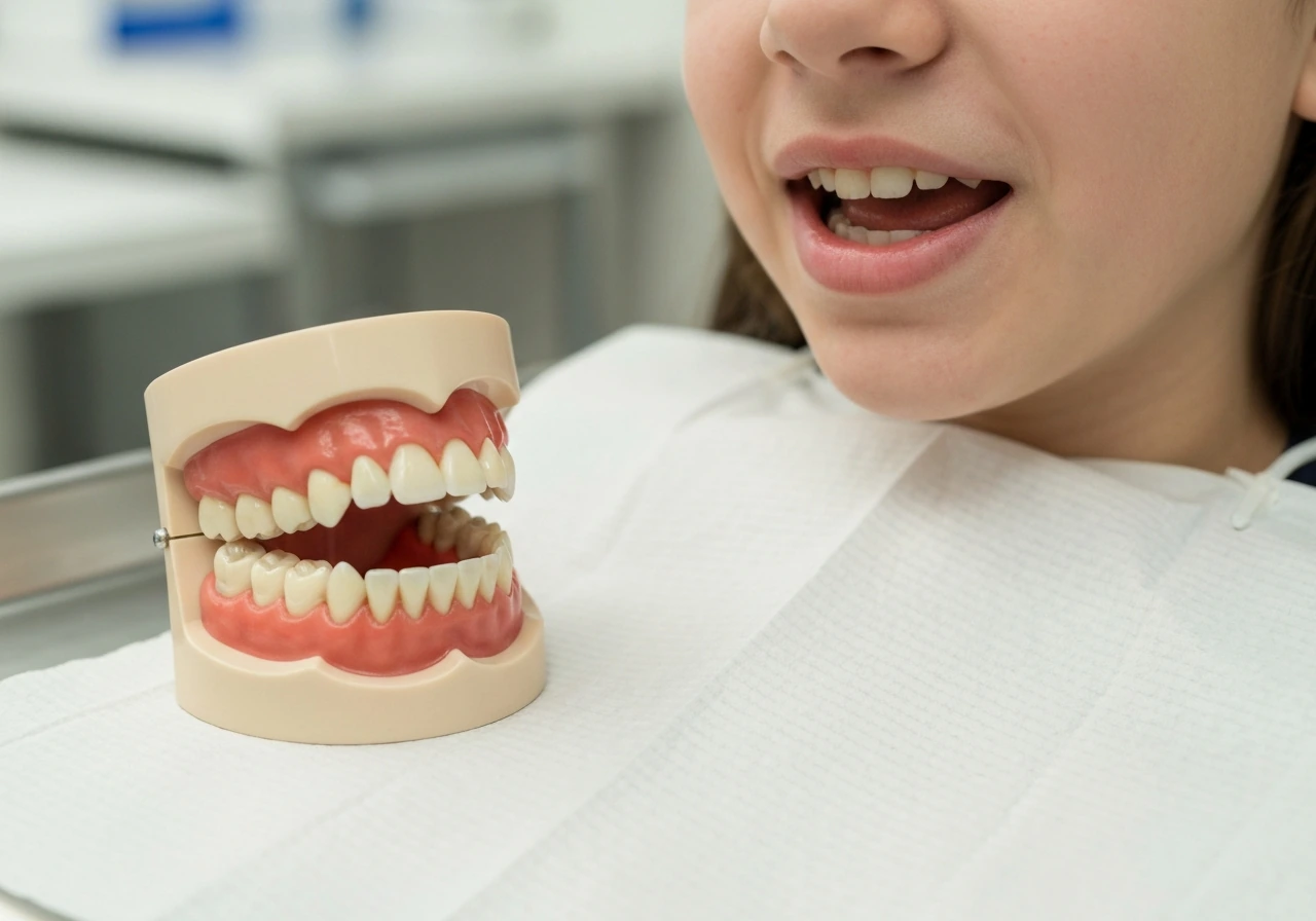 Anonymous teen mouth with a simple jaw model focused on back molars in a clean clinic setting.