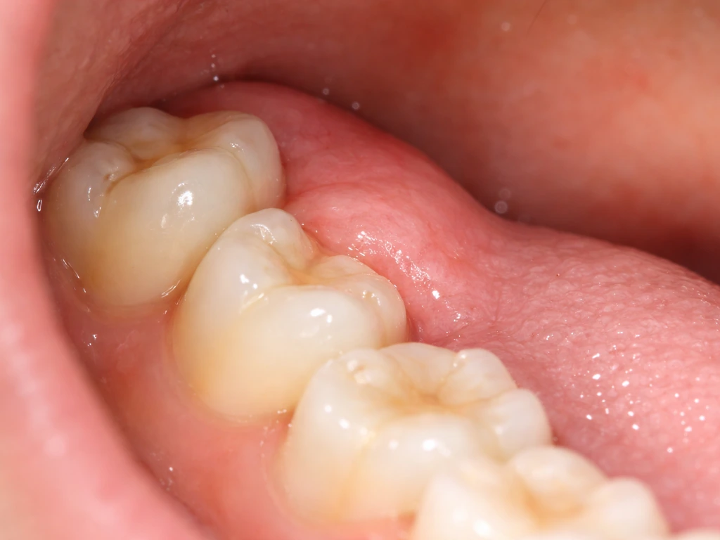 Close-up of an open mouth showing a back tooth area with subtle gum coverage over an unerupted tooth