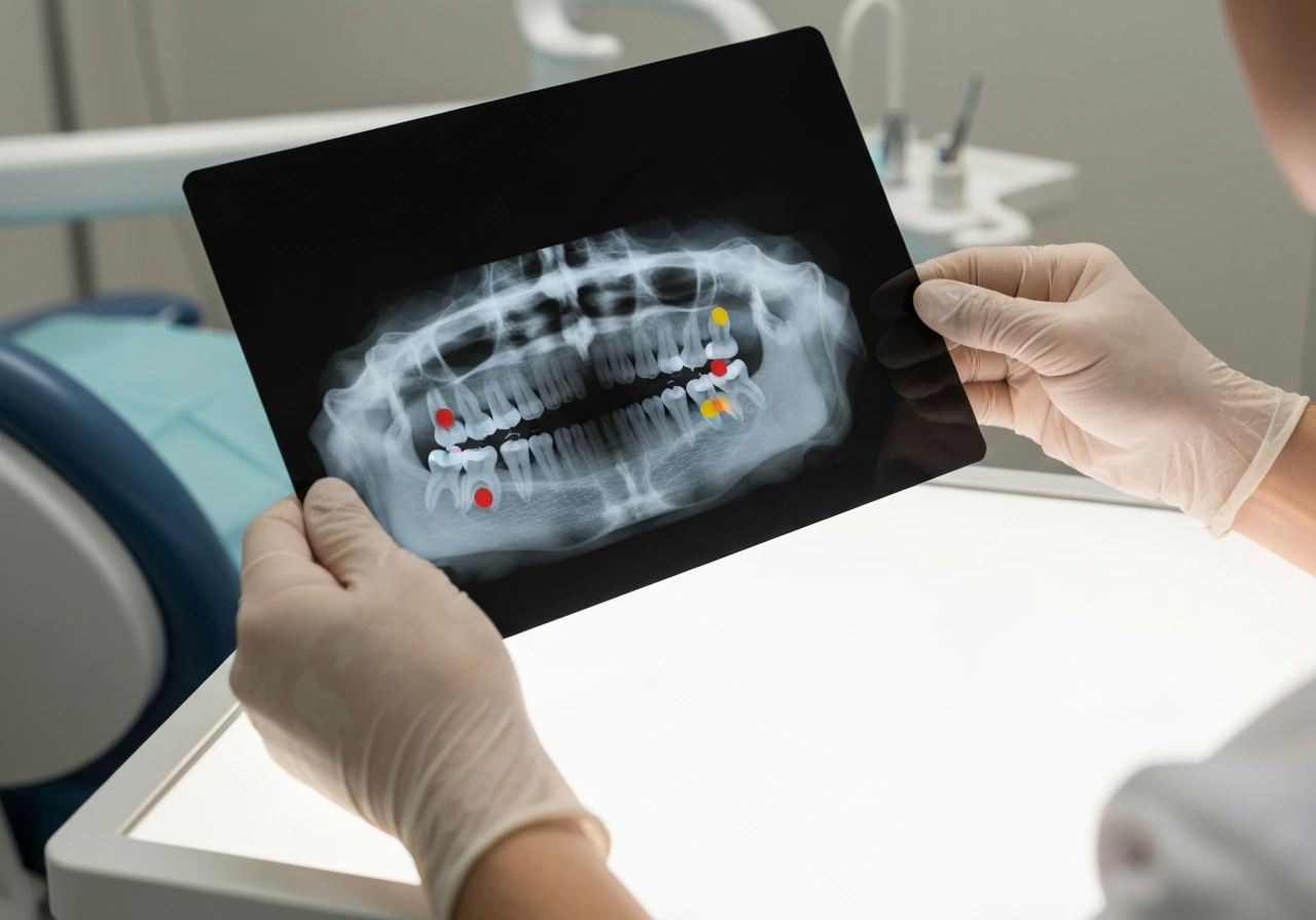 Dentist’s gloved hands holding a panoramic dental X-ray on a lightbox with colored markers for tooth position.