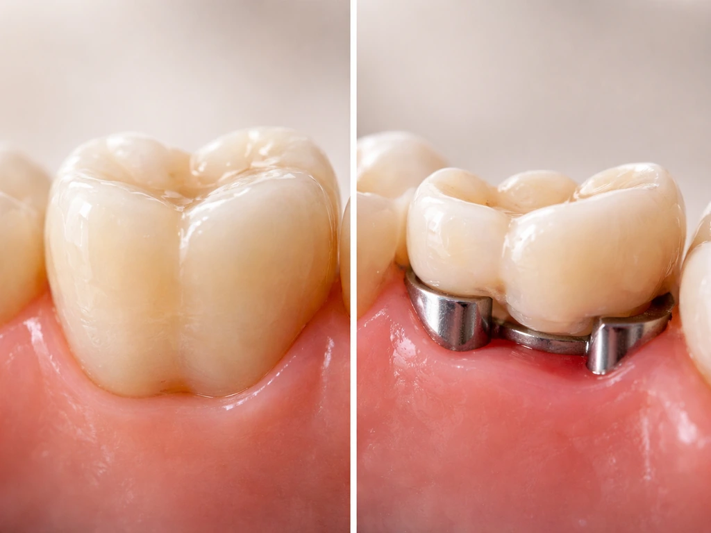 Close-up split scene showing tooth enamel intact on one side and a denture replacement on the other.
