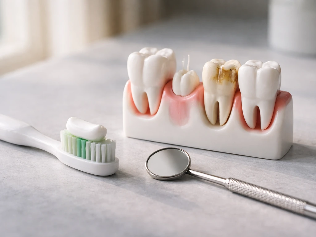 Dental hygiene scene showing a toothbrush, a small mirror, and teeth-shaped dental model in soft light.