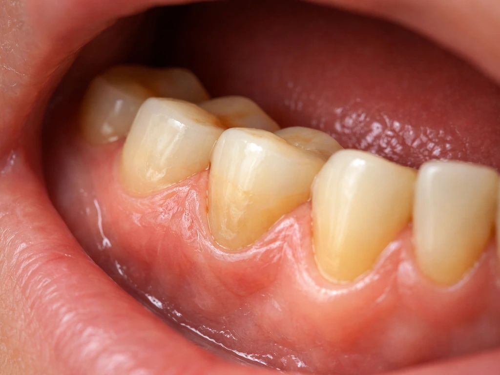 Close-up of receding gums revealing a slightly exposed tooth root, showing loss rather than new growth.