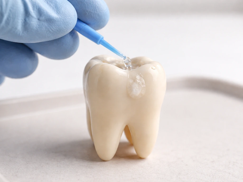 Close-up of a dentist-style dental model showing a small white-spot enamel area being remineralized with gel