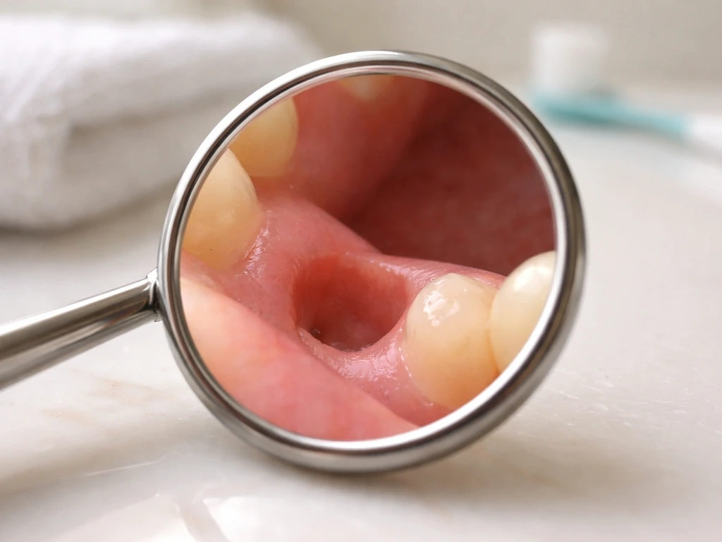 Close-up of gums showing slight swelling and recession around an extracted-tooth area.