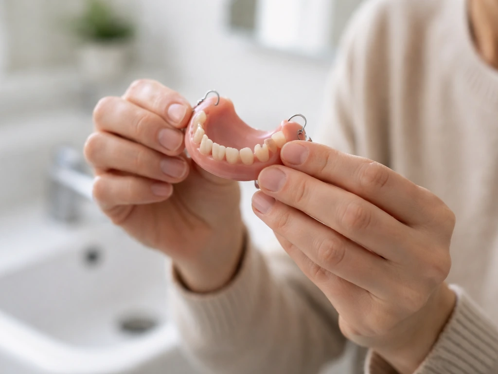Person holding a partial denture over a sink, with a simple bathroom mirror in the background