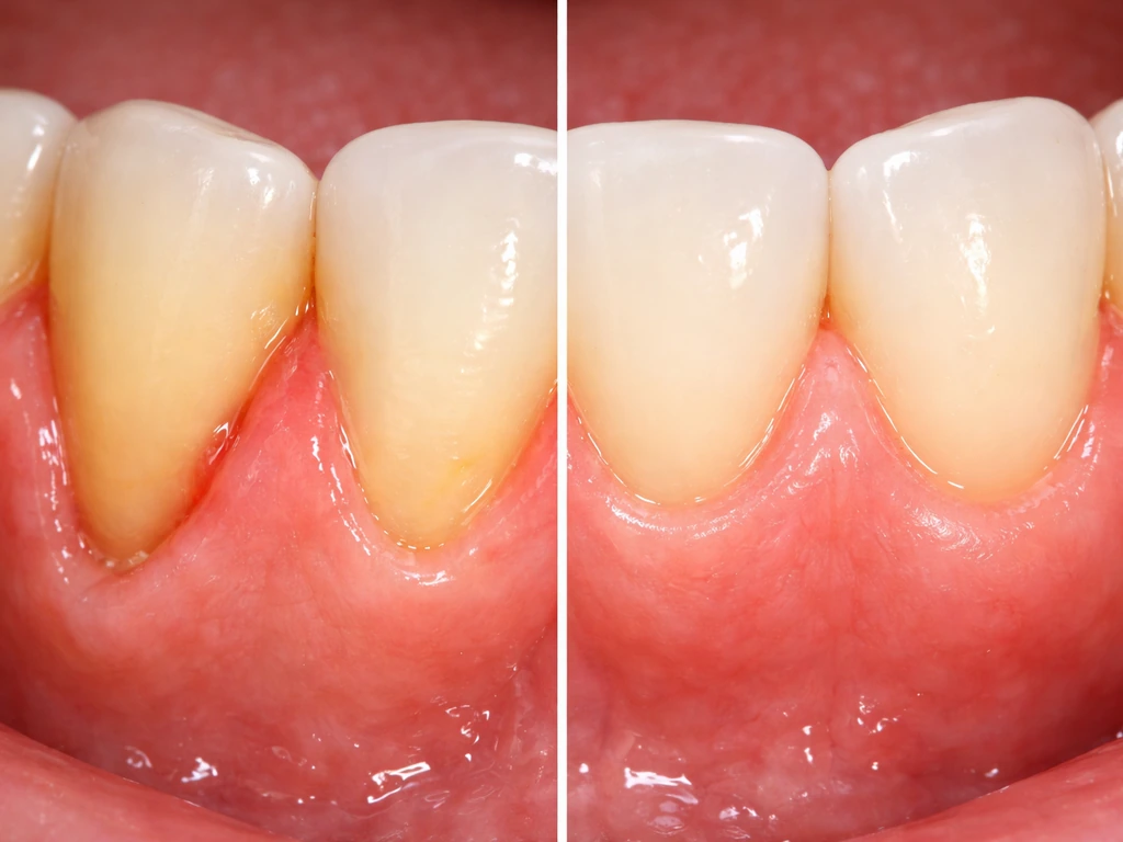 Split dental close-up showing receding gumline on one side and healthier gum margin on the other.