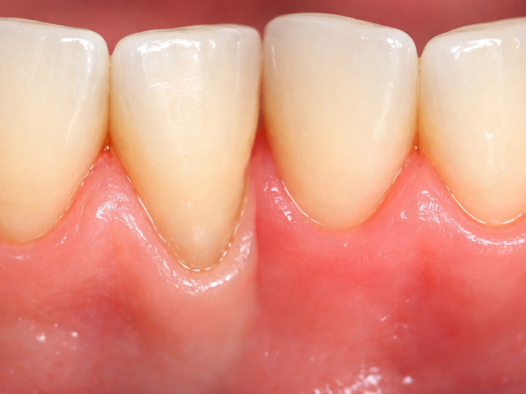 Close-up of gums showing recession vs inflamed gums healing, minimal dental macro photo.