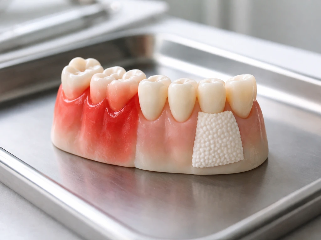 Minimal photo of a dental gum model showing inflamed tissue calming and a small repair patch.