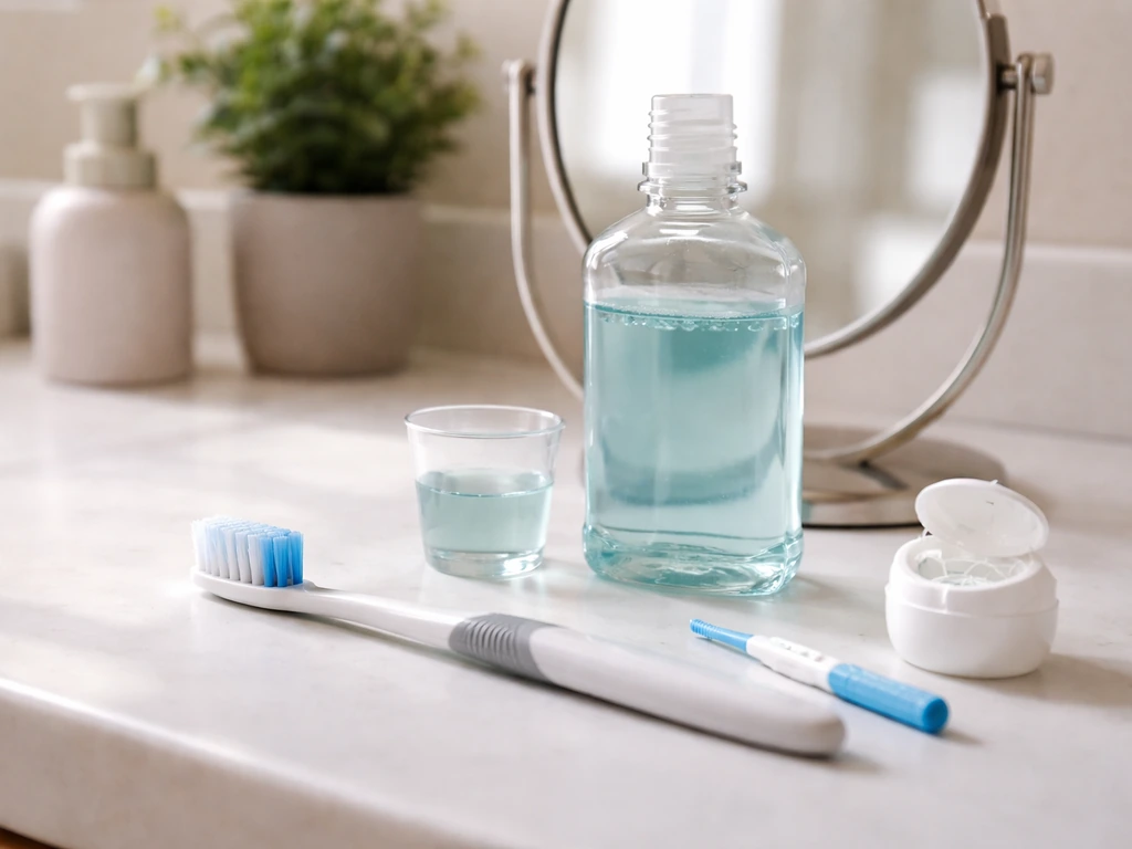 At-home oral care items—toothbrush, soft bristle brush, interdental brush, mouthwash, and a mirror on a counter.