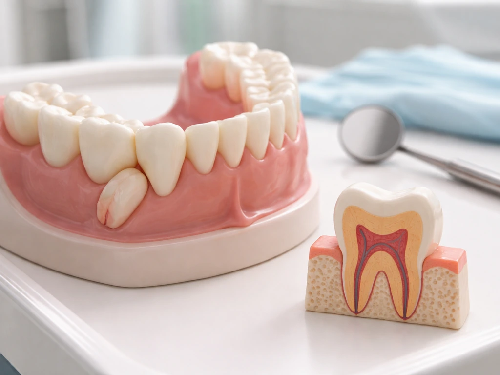 Close-up dental model showing a wisdom tooth partially erupting beside mature teeth with an enamel cross-section piece.