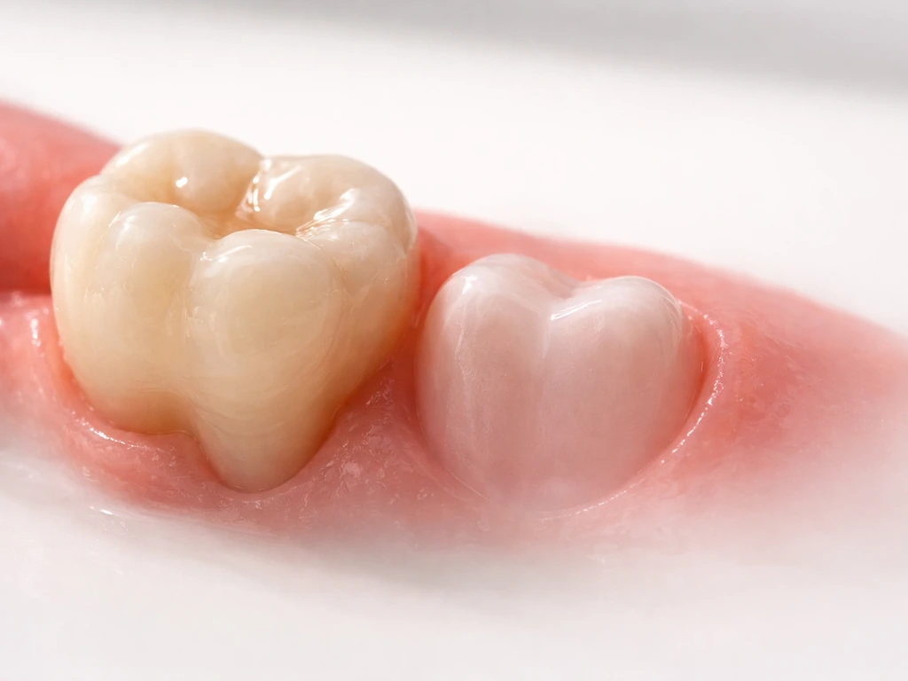 Close-up of an adult molar next to a subtle tooth eruption path toward the gum, minimal and realistic.
