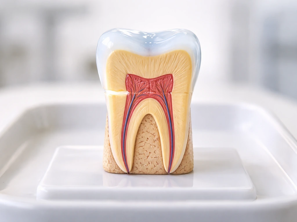 Macro photo of an abstract tooth cross-section showing enamel, dentin, and pulp with a clear regrowth limit boundary.