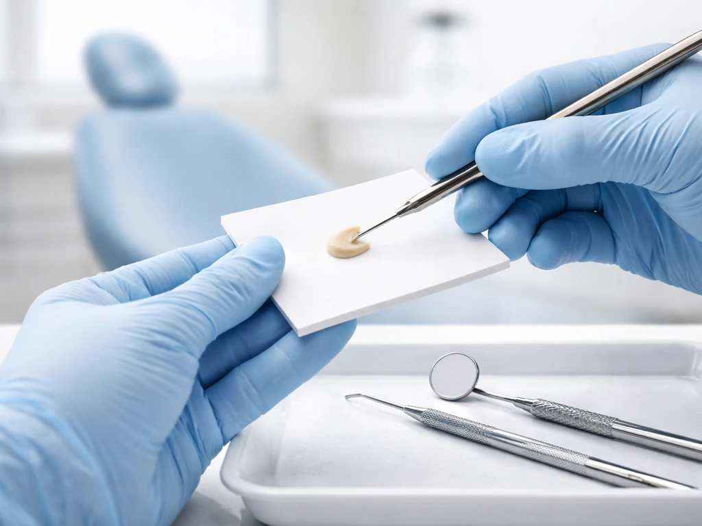 Gloved hands with tooth-colored composite filling material and dental tools on a sterile tray in a clinic.