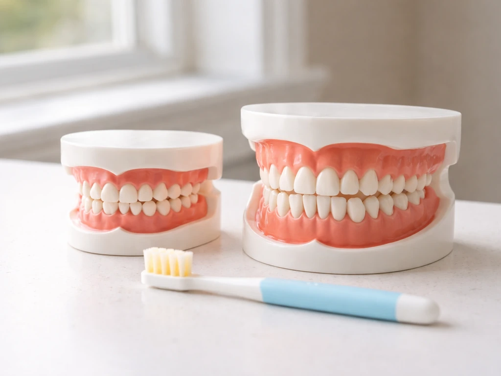 Dental care scene with a child-sized toothbrush and two visible tooth models on a clean table.