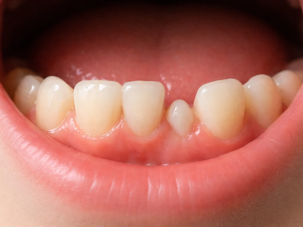 Close-up of lower front teeth showing a new permanent tooth erupting beside a still-present baby tooth