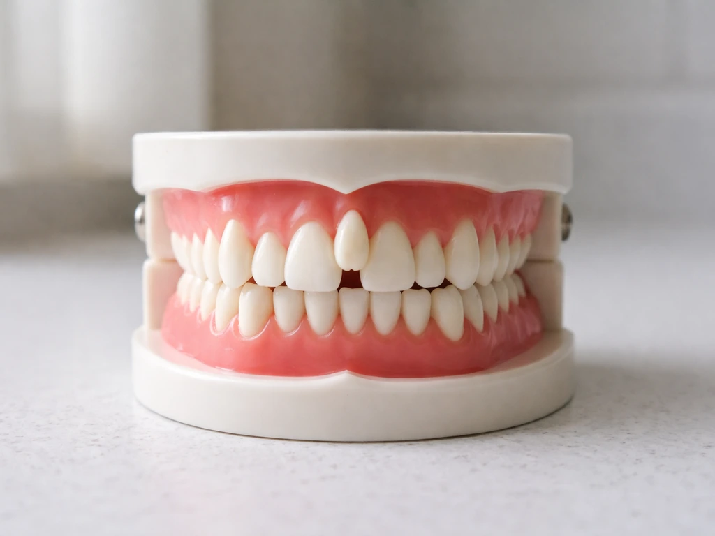 Close-up view of dental model showing an extra tooth between upper front incisors