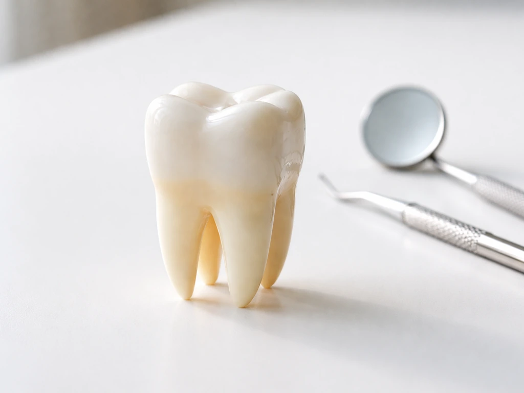 Minimal photo-style scene showing a natural tooth model beside soft dental tools on a clean surface.