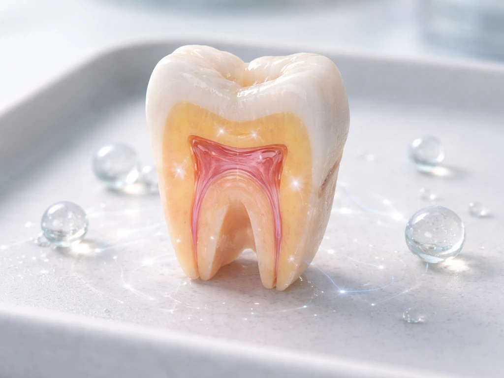 Macro view of a tooth cross-section with enamel, dentin, and subtle glowing cell-like spheres around it.