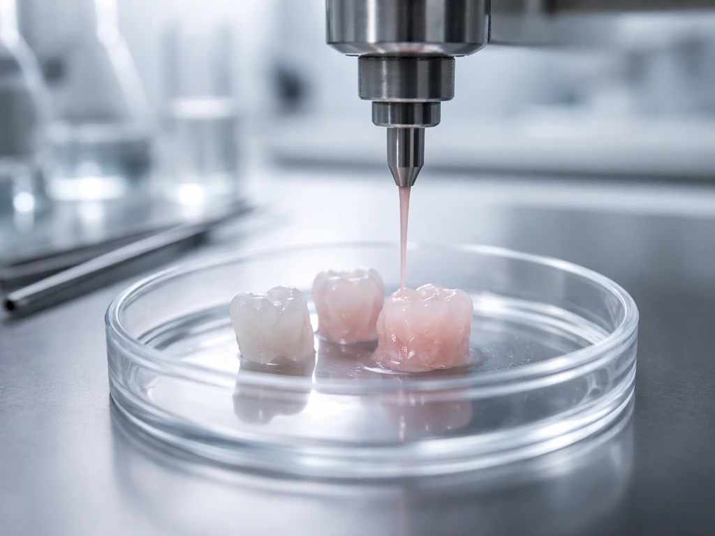 Close-up of a lab bioengineering setup with tooth-like organoid culture and a 3D bioprinting nozzle