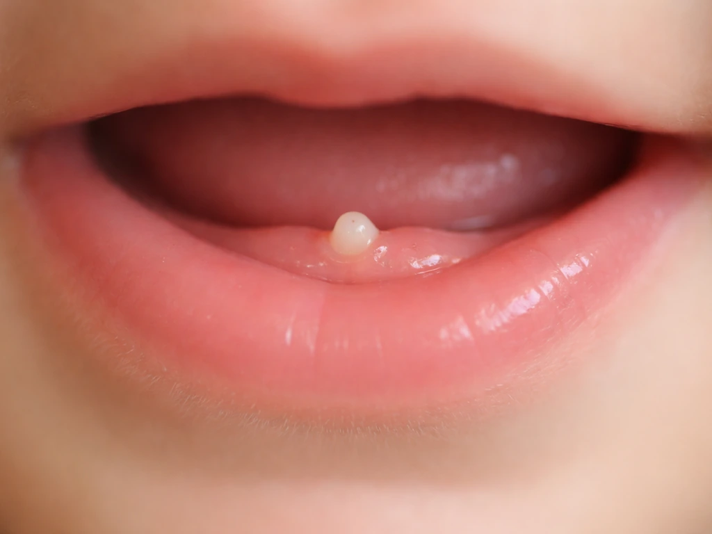 Close-up of a child’s mouth showing a new baby tooth erupting through gently swollen gums.